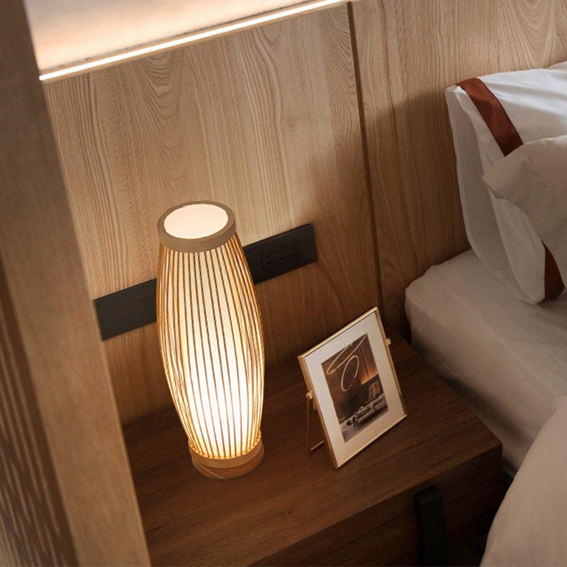 Wood Oblong Night Table Lamp Asian Style Single Bulb Bamboo Desk Light with Inner Cylinder Fabric Shade for Bedroom Clearhalo 'Lamps' 'Table Lamps' Lighting' 1787706