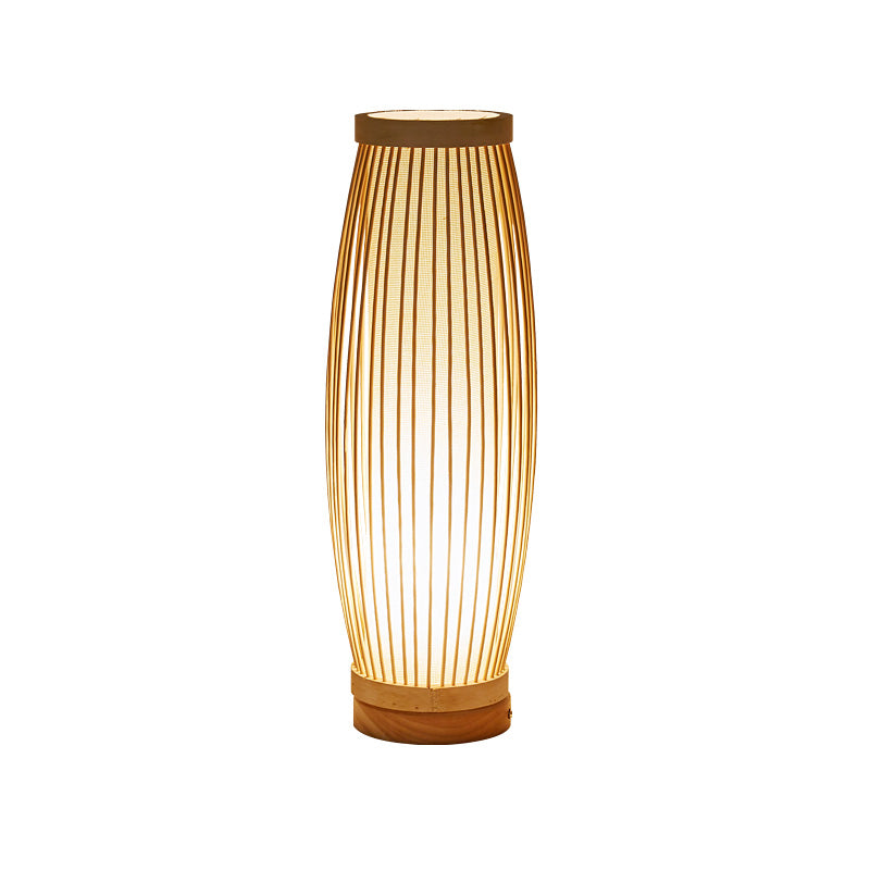 Wood Oblong Night Table Lamp Asian Style Single Bulb Bamboo Desk Light with Inner Cylinder Fabric Shade for Bedroom Clearhalo 'Lamps' 'Table Lamps' Lighting' 1787707