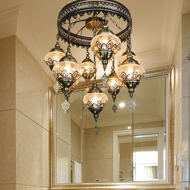 Bronze Elliptical Hanging Ceiling Light Vintage Clear Crackle Glass 9-Head Bedroom Pendant Chandelier Clearhalo 'Ceiling Lights' 'Chandeliers' 'Glass shade' 'Glass' 'Pendant Lights' Lighting' 1787717