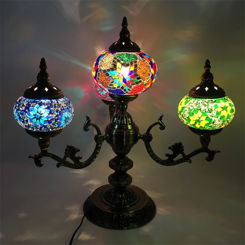 Bohemia Oval Nightstand Light 4 Bulbs Stained Glass Night Table Lighting in Red/Yellow/Orange for Bedroom Clearhalo 'Lamps' 'Table Lamps' Lighting' 1787741