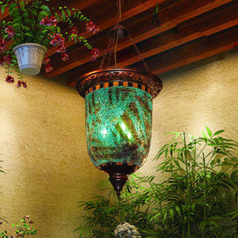 Bohemian Urn Chandelier Light 2 Bulbs Stained Art Glass Pendant Lighting Fixture in Blue for Restaurant Clearhalo 'Ceiling Lights' 'Chandeliers' Lighting' options 1787777