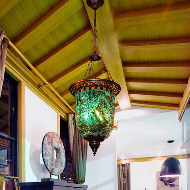 Bohemian Urn Chandelier Light 2 Bulbs Stained Art Glass Pendant Lighting Fixture in Blue for Restaurant Clearhalo 'Ceiling Lights' 'Chandeliers' Lighting' options 1787778