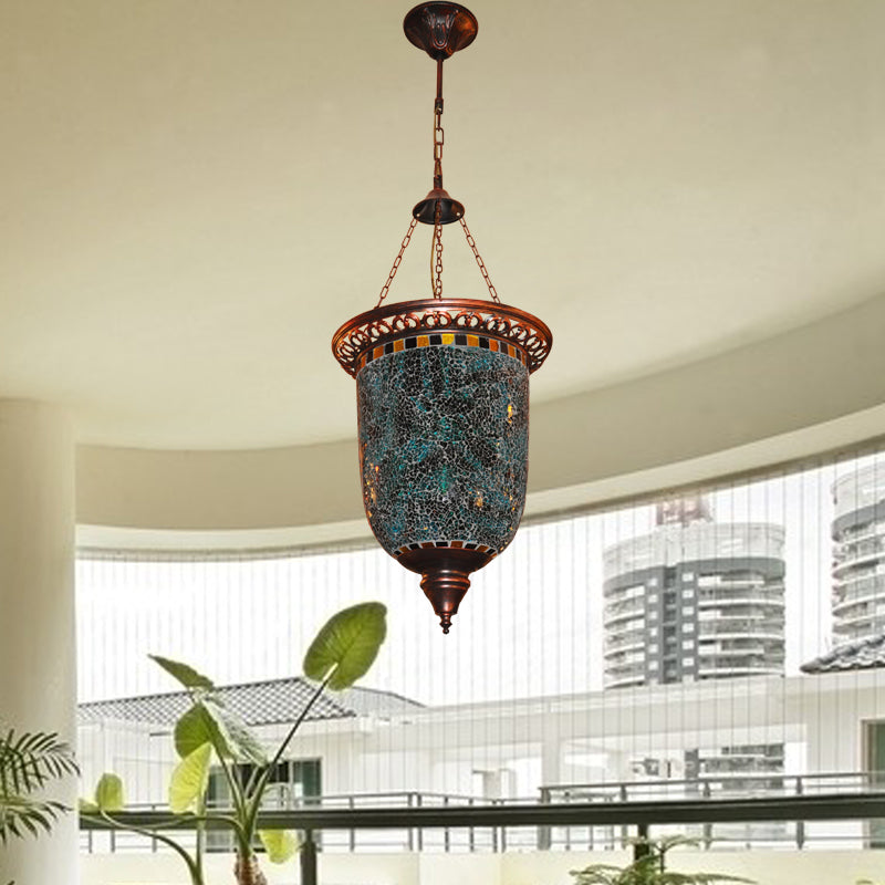 Bohemian Urn Chandelier Light 2 Bulbs Stained Art Glass Pendant Lighting Fixture in Blue for Restaurant Clearhalo 'Ceiling Lights' 'Chandeliers' Lighting' options 1787779