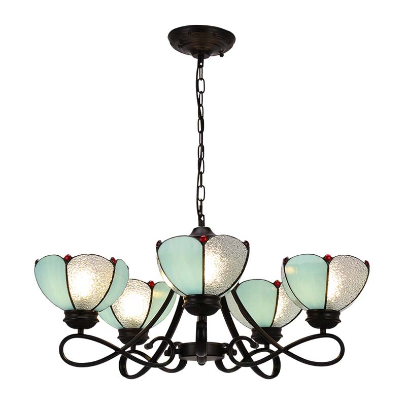 3/5 Lights Scalloped/Cone Hanging Chandelier Baroque White/Yellow/Beige Glass Suspension Lighting for Living Room with Curved Arm Clearhalo 'Ceiling Lights' 'Chandeliers' 'Close To Ceiling Lights' 'Glass shade' 'Glass' 'Industrial' 'Middle Century Chandeliers' 'Tiffany Chandeliers' 'Tiffany close to ceiling' 'Tiffany' Lighting' 1787844