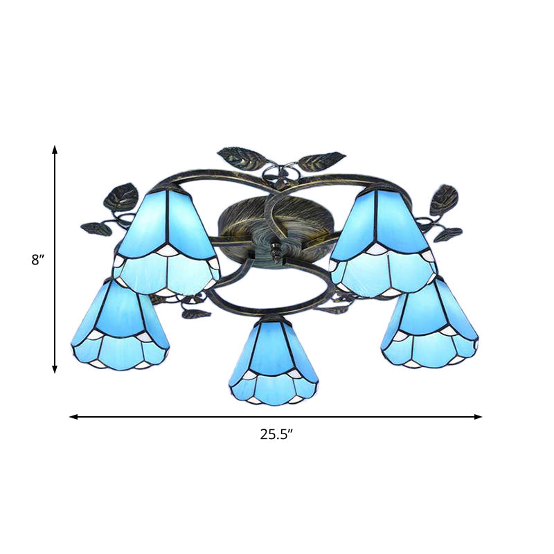 Lattice Domed Ceiling Mount Light 5/9 Lights Tiffany Classic Art Glass Ceiling Lamp in Blue/Sky Blue for Cloth Shop Clearhalo 'Ceiling Lights' 'Close To Ceiling Lights' 'Close to ceiling' 'Glass shade' 'Glass' 'Semi-flushmount' 'Tiffany close to ceiling' 'Tiffany' Lighting' 178792