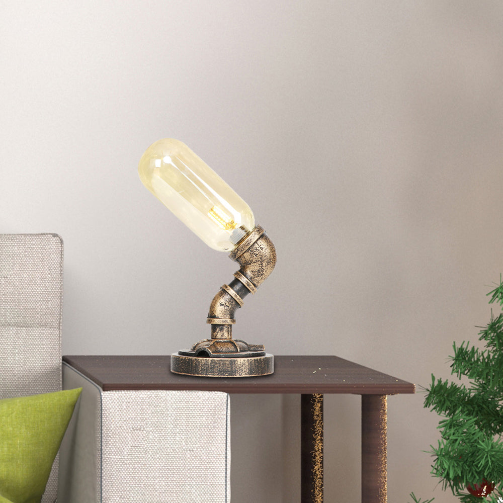Capsule Bedroom LED Night Light Industrial Amber/Clear Glass 1 Head Nickel Table Lamp with Pipe Metal Base Amber B Clearhalo 'Lamps' 'Table Lamps' Lighting' 1788062