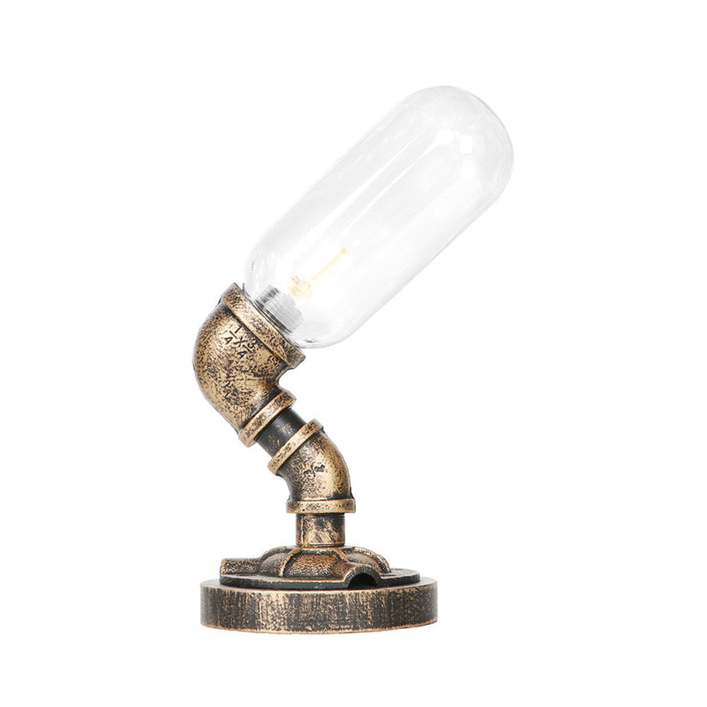Capsule Bedroom LED Night Light Industrial Amber/Clear Glass 1 Head Nickel Table Lamp with Pipe Metal Base Clearhalo 'Lamps' 'Table Lamps' Lighting' 1788076