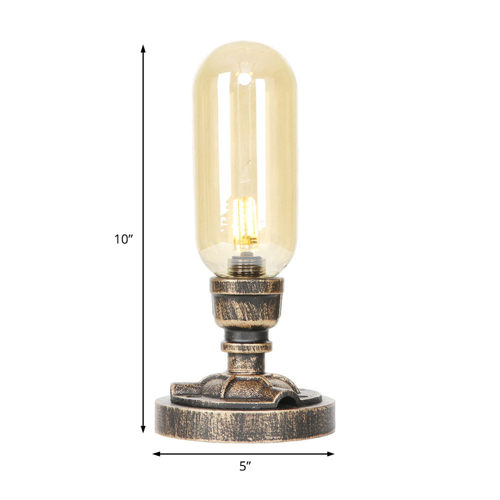 1 Light Capsule Table Light Industrial Brass Clear/Amber Glass Nightstand Lamp with Pipe Metal Base for Teahouse Clearhalo 'Lamps' 'Table Lamps' Lighting' 1788085