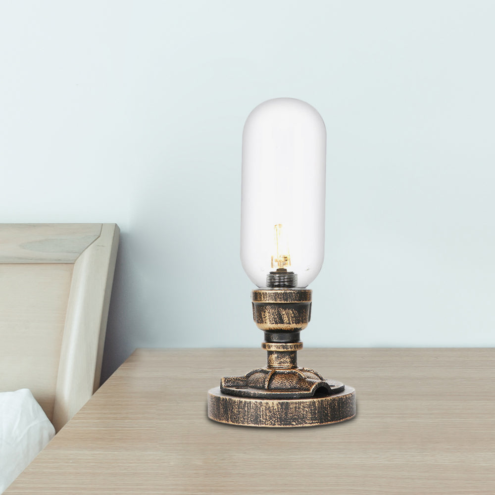 1 Light Capsule Table Light Industrial Brass Clear/Amber Glass Nightstand Lamp with Pipe Metal Base for Teahouse Clear A Clearhalo 'Lamps' 'Table Lamps' Lighting' 1788102
