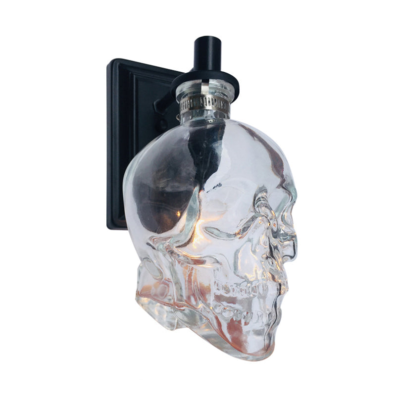 Black Skull Shape Sconce Lighting Vintage Clear Glass 1 Light Living Room Wall Mounted Lamp Fixture Clearhalo 'Cast Iron' 'Glass' 'Industrial wall lights' 'Industrial' 'Middle century wall lights' 'Modern' 'Tiffany' 'Traditional wall lights' 'Wall Lamps & Sconces' 'Wall Lights' Lighting' 1788213