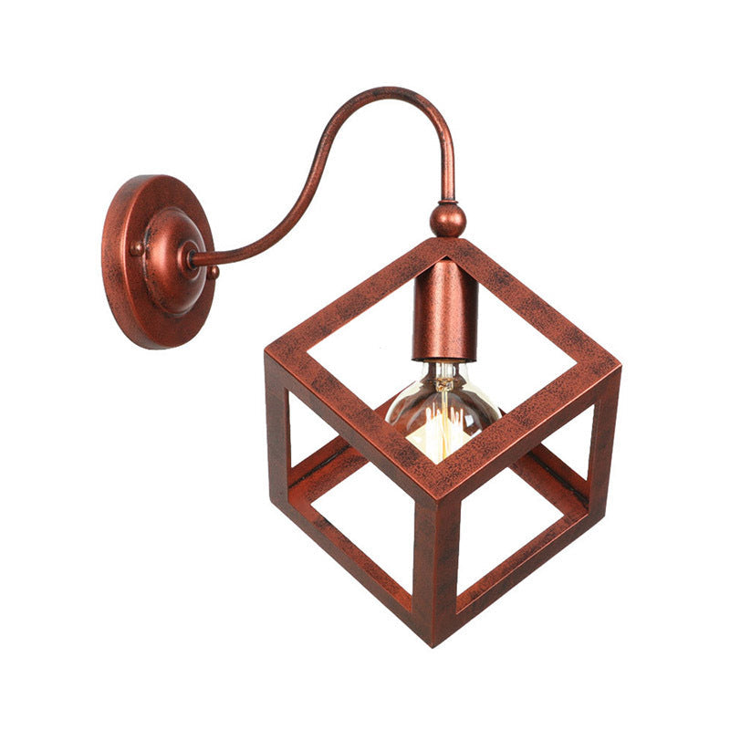 Cube Cage Bedroom Wall Lighting Vintage Metal 1 Bulb Black/Rust Finish Wall Sconce Lamp with Gooseneck Arm Clearhalo 'Art deco wall lights' 'Cast Iron' 'Glass' 'Industrial wall lights' 'Industrial' 'Middle century wall lights' 'Modern' 'Rustic wall lights' 'Tiffany' 'Traditional wall lights' 'Wall Lamps & Sconces' 'Wall Lights' Lighting' 1788222