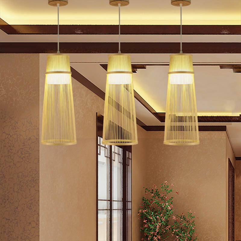 Beige Conical Drop Lamp Asian Style Single Bulb Bamboo Hanging Ceiling Light for Living Room Clearhalo 'Ceiling Lights' 'Pendant Lights' 'Pendants' Lighting' 1788301
