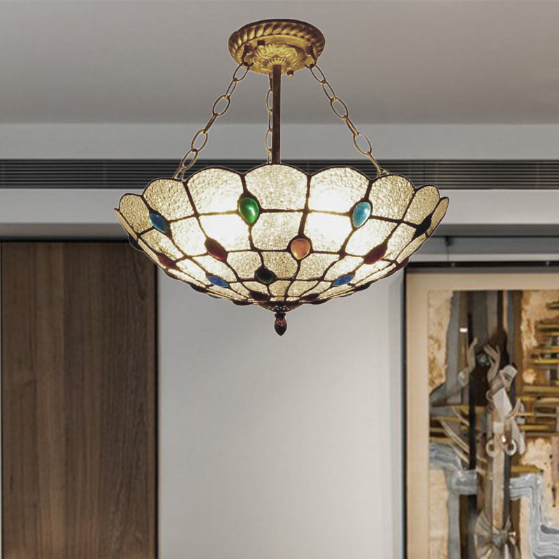 16"/19.5" Wide Traditional Peacock Pendant Light Clear Glass Inverted Chandelier with Colorful Jewelry for Cloth Shop Clear 16" Clearhalo 'Ceiling Lights' 'Close To Ceiling Lights' 'Close to ceiling' 'Glass shade' 'Glass' 'Semi-flushmount' 'Tiffany close to ceiling' 'Tiffany' Lighting' 178833