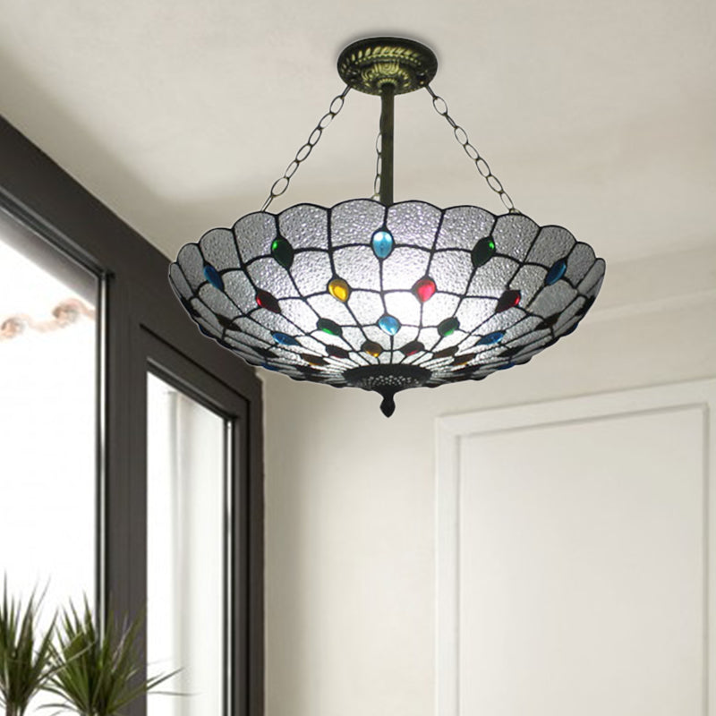 16"/19.5" Wide Traditional Peacock Pendant Light Clear Glass Inverted Chandelier with Colorful Jewelry for Cloth Shop Clear 19.5" Clearhalo 'Ceiling Lights' 'Close To Ceiling Lights' 'Close to ceiling' 'Glass shade' 'Glass' 'Semi-flushmount' 'Tiffany close to ceiling' 'Tiffany' Lighting' 178837