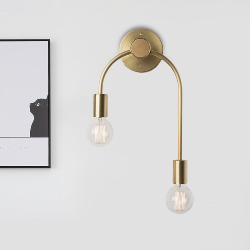 Swoop Arm Iron Wall Mounted Lamp Minimalist 2-Light Black/Gold Sconce Lighting with Bare Bulb Design Clearhalo 'Cast Iron' 'Glass' 'Industrial' 'Modern wall lights' 'Modern' 'Tiffany' 'Traditional wall lights' 'Wall Lamps & Sconces' 'Wall Lights' Lighting' 1788549