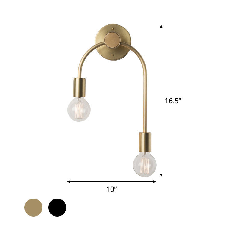 Swoop Arm Iron Wall Mounted Lamp Minimalist 2-Light Black/Gold Sconce Lighting with Bare Bulb Design Clearhalo 'Cast Iron' 'Glass' 'Industrial' 'Modern wall lights' 'Modern' 'Tiffany' 'Traditional wall lights' 'Wall Lamps & Sconces' 'Wall Lights' Lighting' 1788552