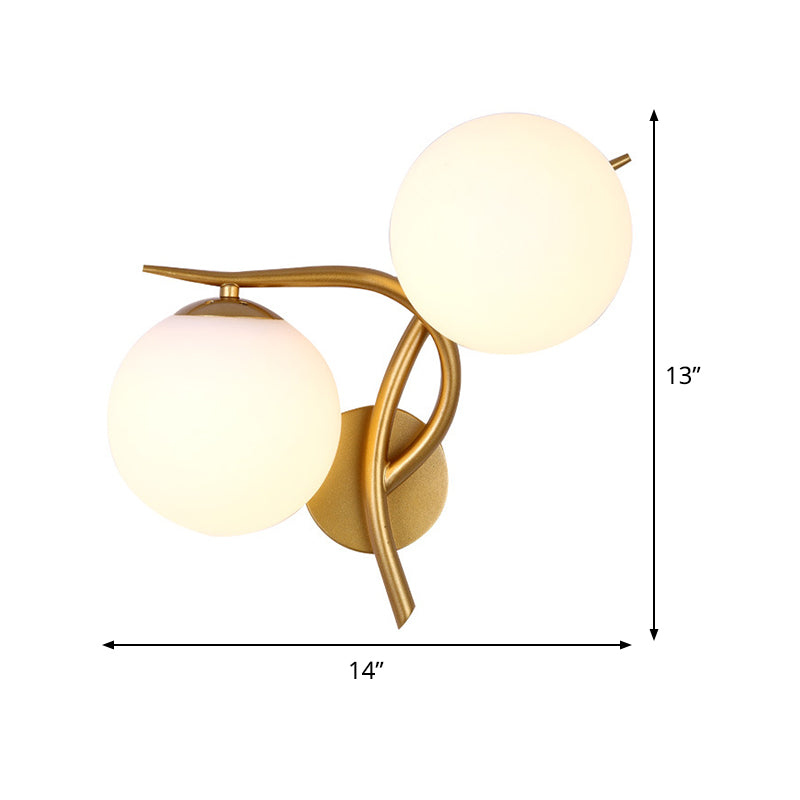 Gold Winding Wall Light Modern 2 Heads Metal Sconce Lighting Fixture with Orb Milk Glass Lampshade Clearhalo 'Cast Iron' 'Glass' 'Industrial' 'Modern wall lights' 'Modern' 'Tiffany' 'Traditional wall lights' 'Wall Lamps & Sconces' 'Wall Lights' Lighting' 1788585