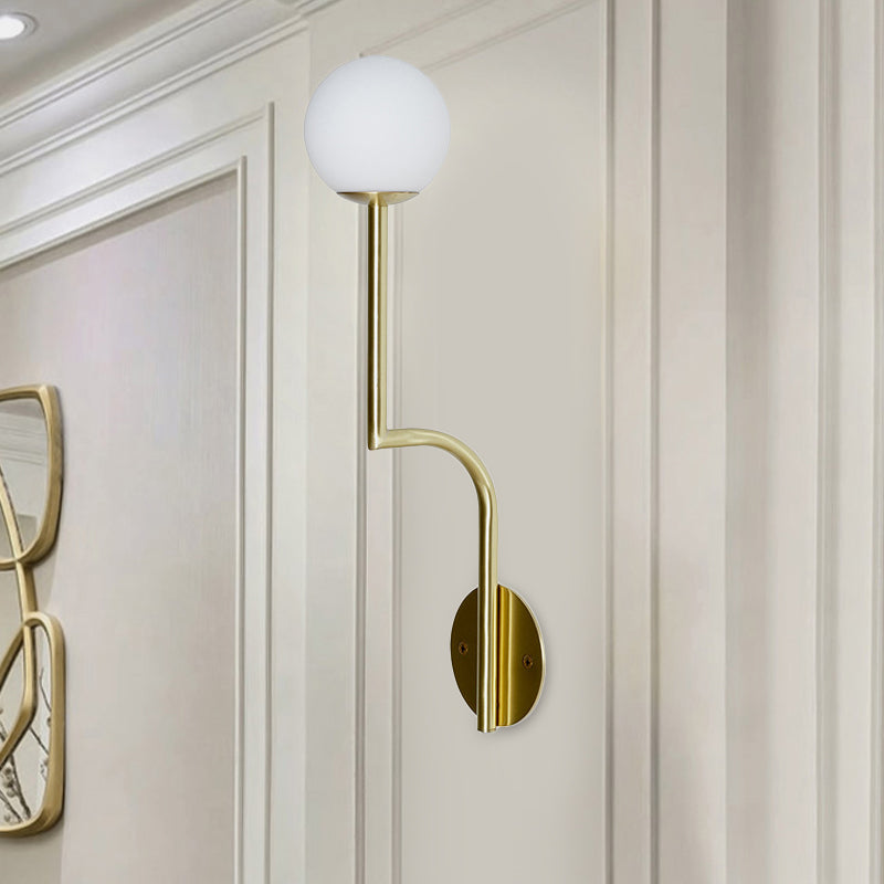 Simple Ball Opal Glass Wall Lamp Single Bulb Sconce Lamp with Long Curved Arm in Black/Gold Gold Clearhalo 'Cast Iron' 'Glass' 'Industrial' 'Modern wall lights' 'Modern' 'Tiffany' 'Traditional wall lights' 'Wall Lamps & Sconces' 'Wall Lights' Lighting' 1788586