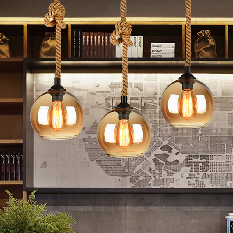 Amber/Clear Glass Ball Hanging Lighting Industrial 1 Head Restaurant Ceiling Pendant Lamp with Rope Rod Clearhalo 'Ceiling Lights' 'Glass shade' 'Glass' 'Industrial Pendants' 'Industrial' 'Middle Century Pendants' 'Pendant Lights' 'Pendants' 'Tiffany' Lighting' 1788617