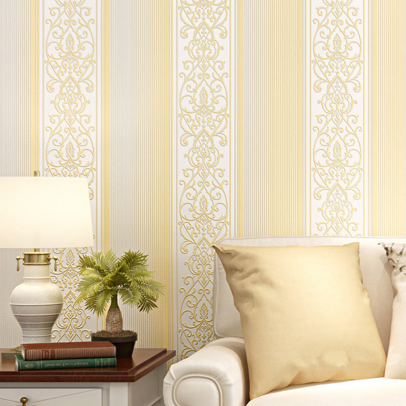 31 ft. x 20.5 in European Retro Vertical Stripe and Flower Weave Wallpaper, Non-Pasted Beige Clearhalo 'Vintage wall decor' 'Vintage' 'Wallpaper' Wall Decor' 1788920