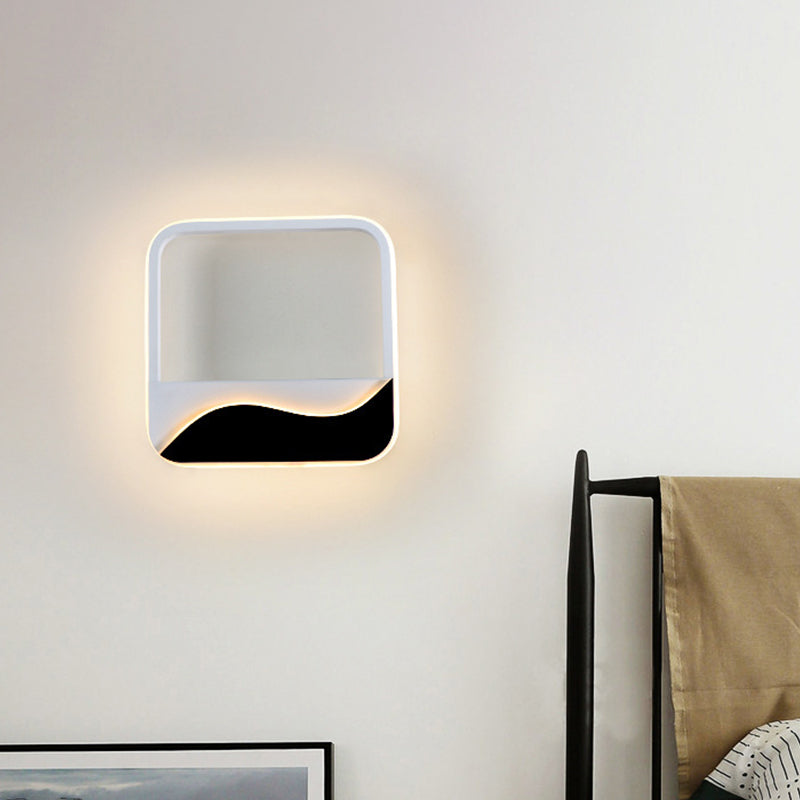 Bedroom LED Flush Mount Wall Light Minimalist Black-White Sconce with Wave Patterned Round/Square Acrylic Frame, Warm/White Light Black-White Square Plate Clearhalo 'Modern wall lights' 'Modern' 'Wall Lamps & Sconces' 'Wall Lights' Lighting' 1788996