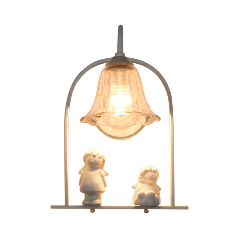 White Arched Frame Pendulum Light Nordic 1 Head Iron Pendant Lighting with Flower Glass Shade and Resin Angel Deco Clearhalo 'Cast Iron' 'Glass' 'Industrial' 'Modern wall lights' 'Modern' 'Tiffany' 'Traditional wall lights' 'Wall Lamps & Sconces' 'Wall Lights' Lighting' 1789062