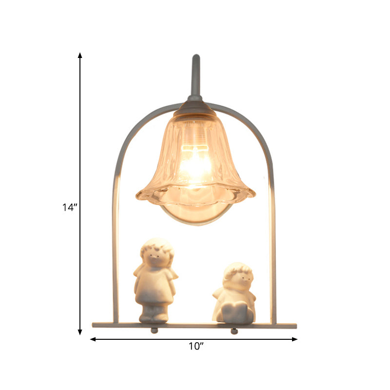 White Arched Frame Pendulum Light Nordic 1 Head Iron Pendant Lighting with Flower Glass Shade and Resin Angel Deco Clearhalo 'Cast Iron' 'Glass' 'Industrial' 'Modern wall lights' 'Modern' 'Tiffany' 'Traditional wall lights' 'Wall Lamps & Sconces' 'Wall Lights' Lighting' 1789064