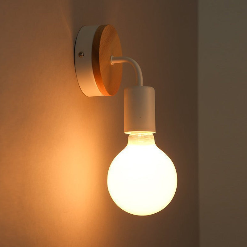 Iron Bend Rotatable Wall Lighting Minimalist 1 Head Black/White-Wood Sconce with Exposed Bulb Design White Clearhalo 'Modern wall lights' 'Modern' 'Wall Lamps & Sconces' 'Wall Lights' Lighting' 1789085