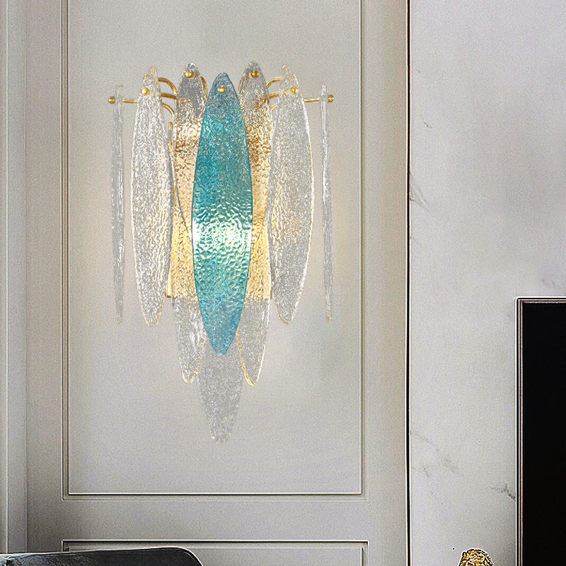 Layered Oval Flake Wall Lighting Ideas Retro Stylish Blue/Clear Seedy Glass 2-Light Parlor Sconce Lamp Clearhalo 'Cast Iron' 'Glass' 'Industrial' 'Modern wall lights' 'Modern' 'Tiffany' 'Traditional wall lights' 'Wall Lamps & Sconces' 'Wall Lights' Lighting' 1789137