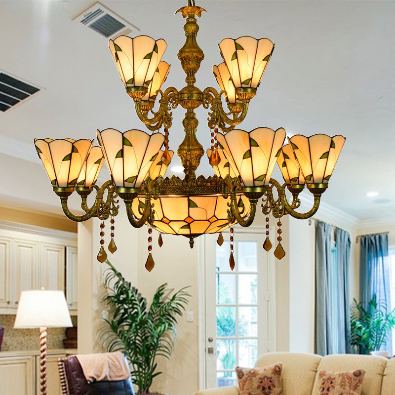 Leaf Chandelier with Agate 7/9/13 Lights Deco Tiffany Antique Art Glass Hanging Light in Beige for Hotel Clearhalo 'Ceiling Lights' 'Chandeliers' 'Close To Ceiling Lights' 'Industrial' 'Middle Century Chandeliers' 'Tiffany Chandeliers' 'Tiffany close to ceiling' 'Tiffany' Lighting' 178922