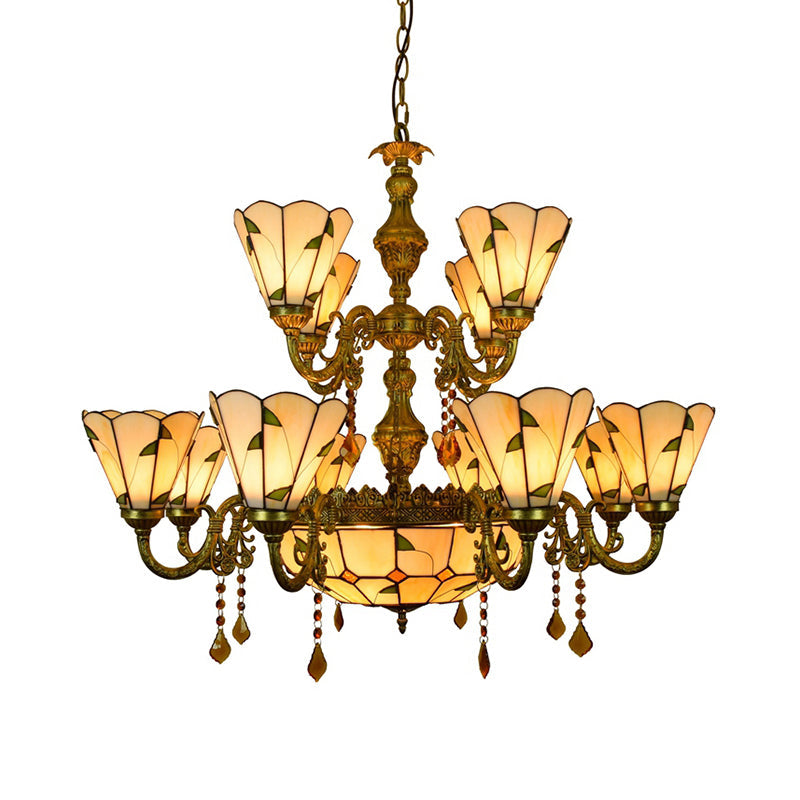 Leaf Chandelier with Agate 7/9/13 Lights Deco Tiffany Antique Art Glass Hanging Light in Beige for Hotel Clearhalo 'Ceiling Lights' 'Chandeliers' 'Close To Ceiling Lights' 'Industrial' 'Middle Century Chandeliers' 'Tiffany Chandeliers' 'Tiffany close to ceiling' 'Tiffany' Lighting' 178923