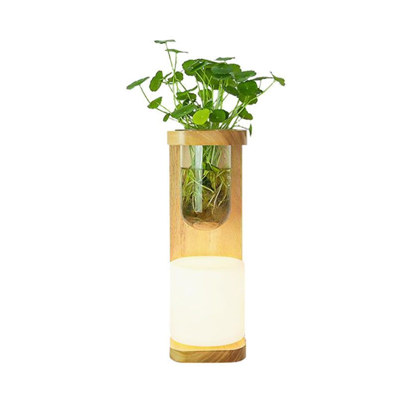 Nordic Cylinder Sconce Light Fixture 1-Head Opal Glass Wall Lighting in Wood with Clear Glass Plant Cup Clearhalo 'Industrial wall lights' 'Industrial' 'Middle century wall lights' 'Rustic wall lights' 'Tiffany' 'Wall Lamps & Sconces' 'Wall Lights' Lighting' 1789269