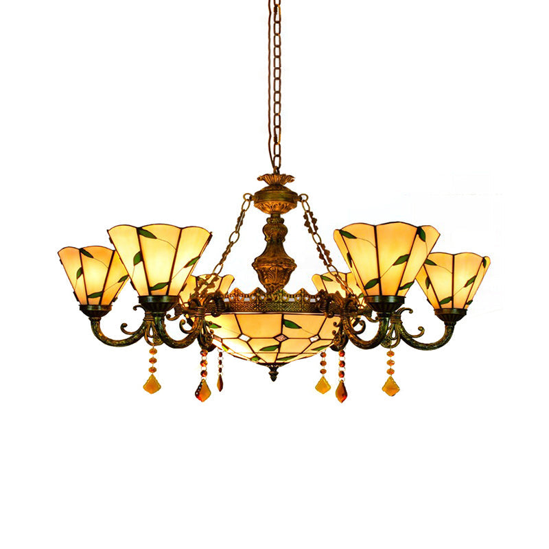 Leaf Chandelier with Agate 7/9/13 Lights Deco Tiffany Antique Art Glass Hanging Light in Beige for Hotel Clearhalo 'Ceiling Lights' 'Chandeliers' 'Close To Ceiling Lights' 'Industrial' 'Middle Century Chandeliers' 'Tiffany Chandeliers' 'Tiffany close to ceiling' 'Tiffany' Lighting' 178927