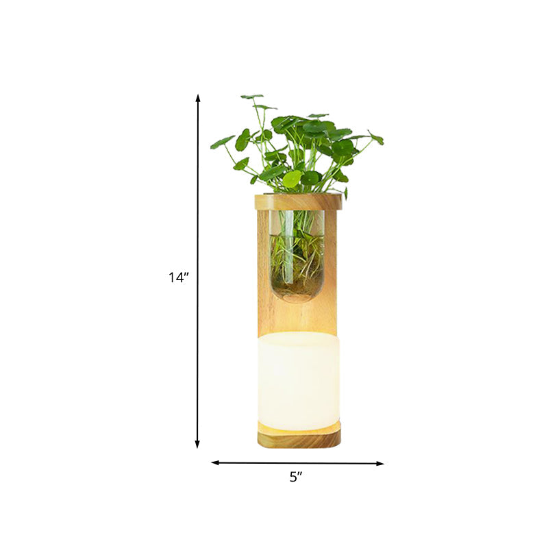 Nordic Cylinder Sconce Light Fixture 1-Head Opal Glass Wall Lighting in Wood with Clear Glass Plant Cup Clearhalo 'Industrial wall lights' 'Industrial' 'Middle century wall lights' 'Rustic wall lights' 'Tiffany' 'Wall Lamps & Sconces' 'Wall Lights' Lighting' 1789271