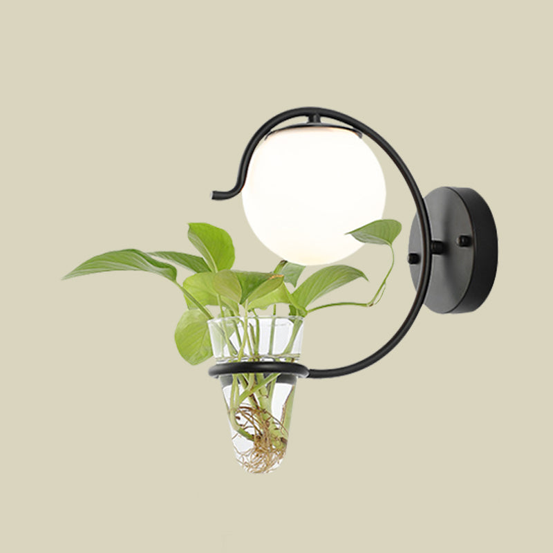 Cream/Smoke Gray Glass Orb Sconce Vintage 1-Bulb Bedroom Wall Lamp in Black/Gold with C-Shaped Arm and Plant Cup Clearhalo 'Art deco wall lights' 'Cast Iron' 'Glass' 'Industrial wall lights' 'Industrial' 'Middle century wall lights' 'Modern' 'Rustic wall lights' 'Tiffany' 'Traditional wall lights' 'Wall Lamps & Sconces' 'Wall Lights' Lighting' 1789296