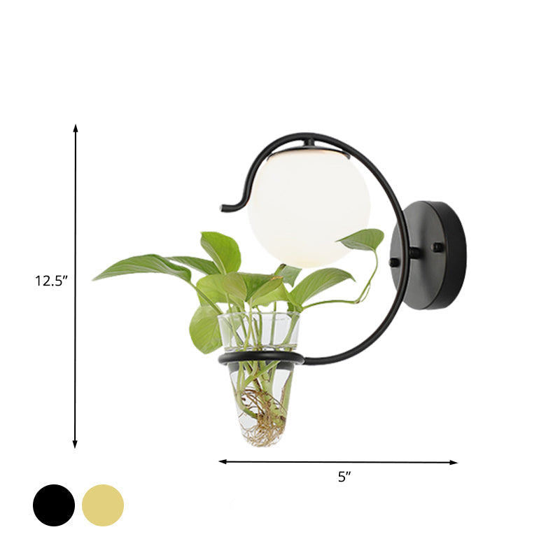 Cream/Smoke Gray Glass Orb Sconce Vintage 1-Bulb Bedroom Wall Lamp in Black/Gold with C-Shaped Arm and Plant Cup Clearhalo 'Art deco wall lights' 'Cast Iron' 'Glass' 'Industrial wall lights' 'Industrial' 'Middle century wall lights' 'Modern' 'Rustic wall lights' 'Tiffany' 'Traditional wall lights' 'Wall Lamps & Sconces' 'Wall Lights' Lighting' 1789297