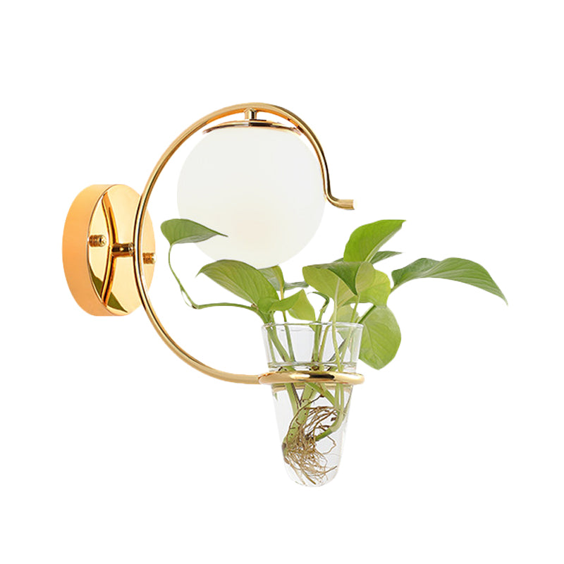 Cream/Smoke Gray Glass Orb Sconce Vintage 1-Bulb Bedroom Wall Lamp in Black/Gold with C-Shaped Arm and Plant Cup Clearhalo 'Art deco wall lights' 'Cast Iron' 'Glass' 'Industrial wall lights' 'Industrial' 'Middle century wall lights' 'Modern' 'Rustic wall lights' 'Tiffany' 'Traditional wall lights' 'Wall Lamps & Sconces' 'Wall Lights' Lighting' 1789300