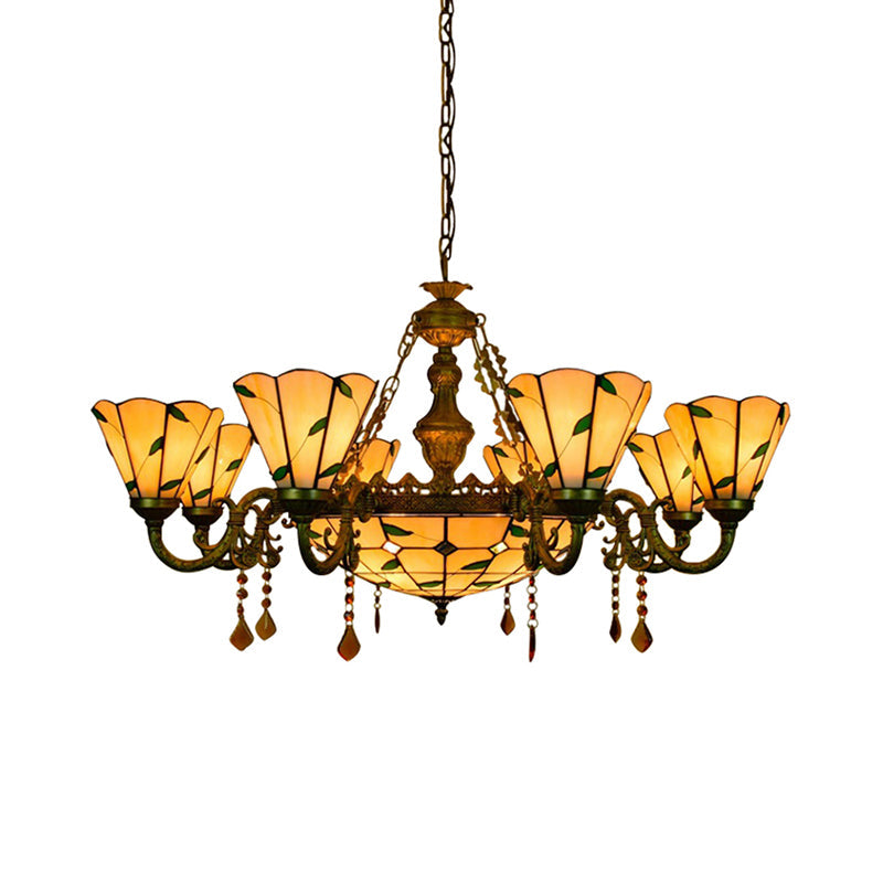Leaf Chandelier with Agate 7/9/13 Lights Deco Tiffany Antique Art Glass Hanging Light in Beige for Hotel Clearhalo 'Ceiling Lights' 'Chandeliers' 'Close To Ceiling Lights' 'Industrial' 'Middle Century Chandeliers' 'Tiffany Chandeliers' 'Tiffany close to ceiling' 'Tiffany' Lighting' 178931
