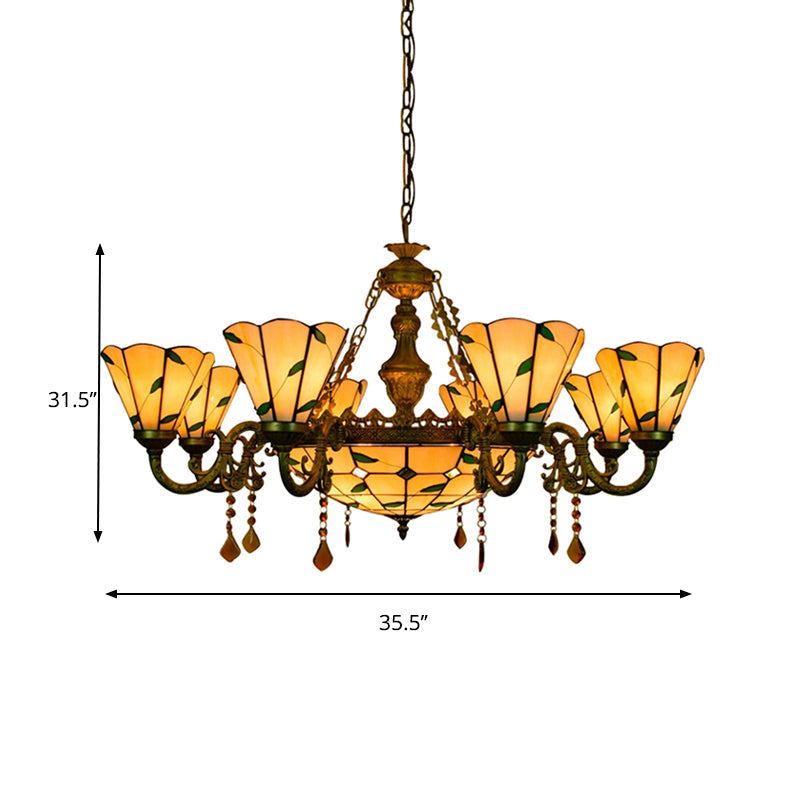 Leaf Chandelier with Agate 7/9/13 Lights Deco Tiffany Antique Art Glass Hanging Light in Beige for Hotel Clearhalo 'Ceiling Lights' 'Chandeliers' 'Close To Ceiling Lights' 'Industrial' 'Middle Century Chandeliers' 'Tiffany Chandeliers' 'Tiffany close to ceiling' 'Tiffany' Lighting' 178932