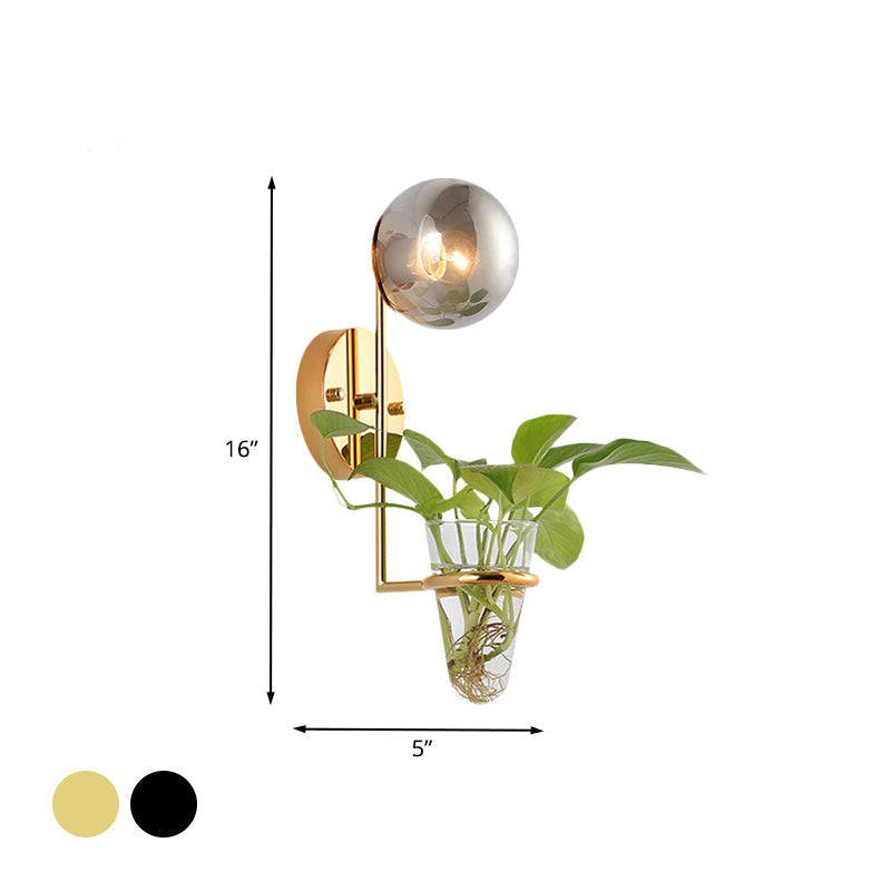 1 Bulb Sconce Lamp Industrial Global Cream/Smoke Gray Glass Wall Light in Black/Gold with Clear Glass Plant Cup Clearhalo 'Art deco wall lights' 'Cast Iron' 'Glass' 'Industrial wall lights' 'Industrial' 'Middle century wall lights' 'Modern' 'Rustic wall lights' 'Tiffany' 'Traditional wall lights' 'Wall Lamps & Sconces' 'Wall Lights' Lighting' 1789334