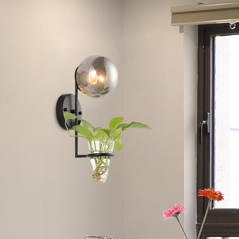 1 Bulb Sconce Lamp Industrial Global Cream/Smoke Gray Glass Wall Light in Black/Gold with Clear Glass Plant Cup Clearhalo 'Art deco wall lights' 'Cast Iron' 'Glass' 'Industrial wall lights' 'Industrial' 'Middle century wall lights' 'Modern' 'Rustic wall lights' 'Tiffany' 'Traditional wall lights' 'Wall Lamps & Sconces' 'Wall Lights' Lighting' 1789336