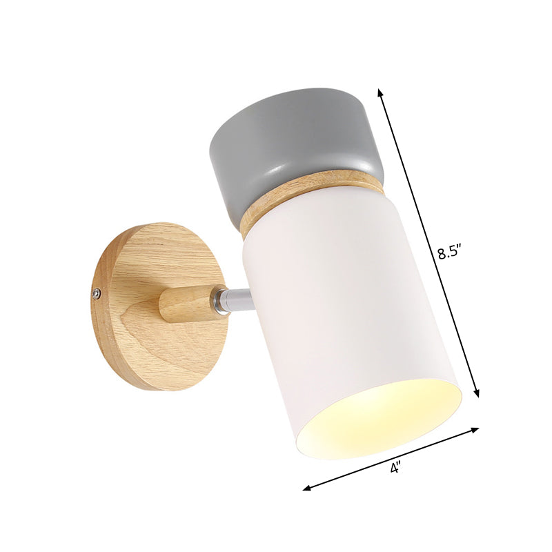 Grey-White Cylindrical Rotating Sconce Nordic Single Iron Wall Mounted Lamp with Wood Accent Clearhalo 'Modern wall lights' 'Modern' 'Wall Lamps & Sconces' 'Wall Lights' Lighting' 1789413