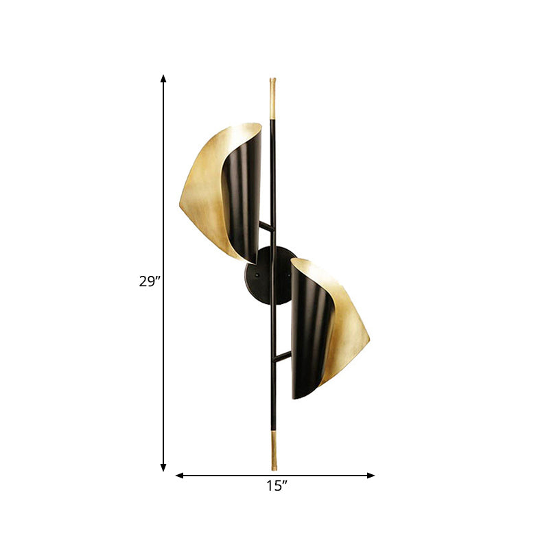 Iron Ribbed Curved Sheet Sconce Postmodern 2 Heads Black and Gold Inner Wall Mount Lighting for Stair Clearhalo 'Cast Iron' 'Glass' 'Industrial' 'Modern wall lights' 'Modern' 'Tiffany' 'Traditional wall lights' 'Wall Lamps & Sconces' 'Wall Lights' Lighting' 1789457