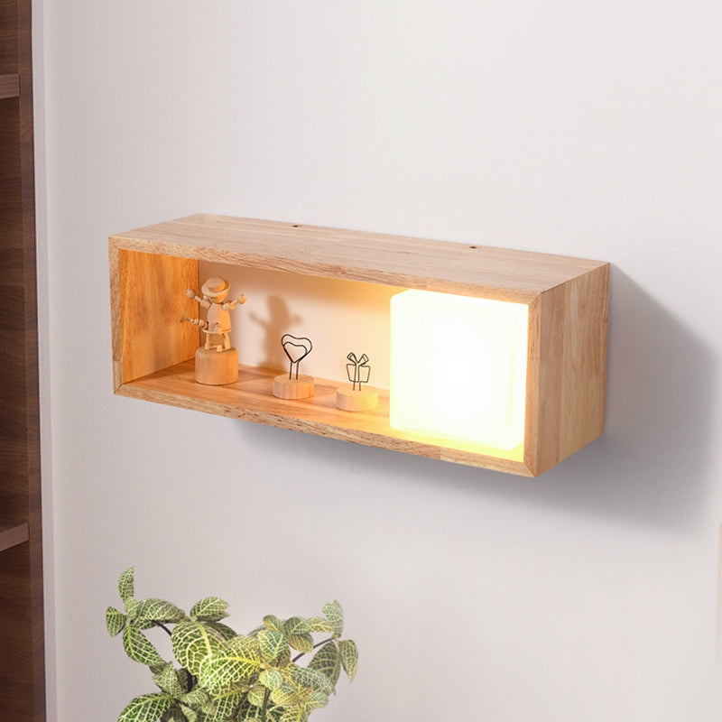 Fillet/Right Angle Rectangle Wall Lamp Nordic Wood 1 Head Bedside Flush Mount Wall Sconce with Rack Function Clearhalo 'Modern wall lights' 'Modern' 'Wall Lamps & Sconces' 'Wall Lights' Lighting' 1789527