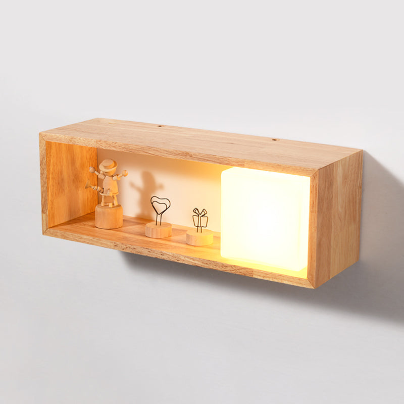 Fillet/Right Angle Rectangle Wall Lamp Nordic Wood 1 Head Bedside Flush Mount Wall Sconce with Rack Function Clearhalo 'Modern wall lights' 'Modern' 'Wall Lamps & Sconces' 'Wall Lights' Lighting' 1789529