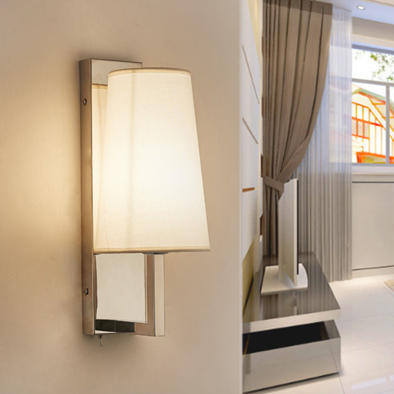 Stainless Steel Rectangle Wall Lighting Modern Single Chrome Sconce Light with Handmade Cone Fabric Shade Clearhalo 'Cast Iron' 'Glass' 'Industrial' 'Modern wall lights' 'Modern' 'Tiffany' 'Traditional wall lights' 'Wall Lamps & Sconces' 'Wall Lights' Lighting' 1789580