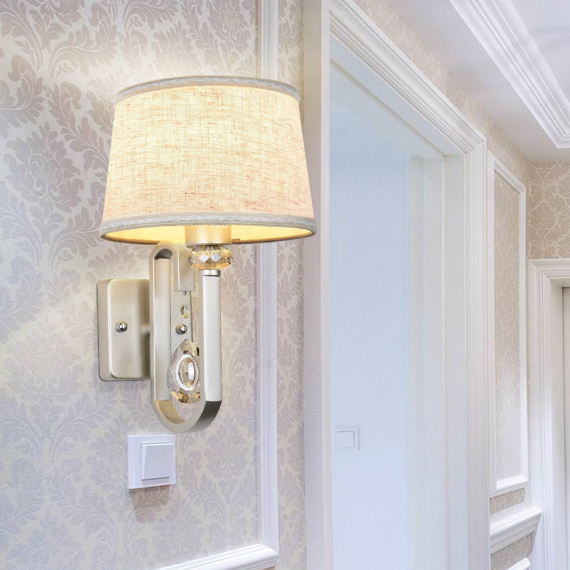 Round Shade Wall Mount Lighting Modernism 1 Head Flaxen Sconce Lamp with Nickle Swoop Arm and Crystal Accent Clearhalo 'Cast Iron' 'Glass' 'Industrial' 'Modern wall lights' 'Modern' 'Tiffany' 'Traditional wall lights' 'Wall Lamps & Sconces' 'Wall Lights' Lighting' 1789593