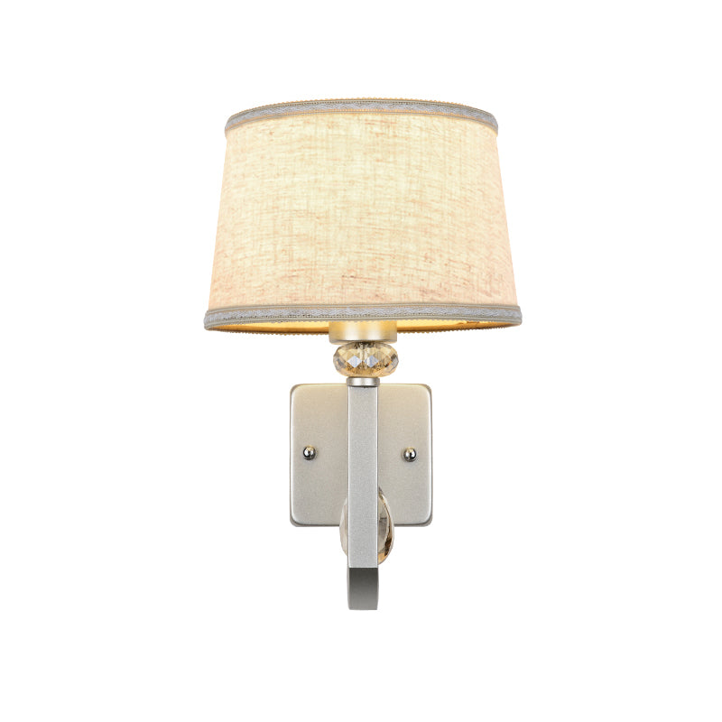 Round Shade Wall Mount Lighting Modernism 1 Head Flaxen Sconce Lamp with Nickle Swoop Arm and Crystal Accent Clearhalo 'Cast Iron' 'Glass' 'Industrial' 'Modern wall lights' 'Modern' 'Tiffany' 'Traditional wall lights' 'Wall Lamps & Sconces' 'Wall Lights' Lighting' 1789596