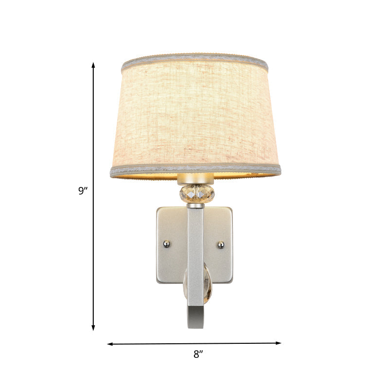 Round Shade Wall Mount Lighting Modernism 1 Head Flaxen Sconce Lamp with Nickle Swoop Arm and Crystal Accent Clearhalo 'Cast Iron' 'Glass' 'Industrial' 'Modern wall lights' 'Modern' 'Tiffany' 'Traditional wall lights' 'Wall Lamps & Sconces' 'Wall Lights' Lighting' 1789597
