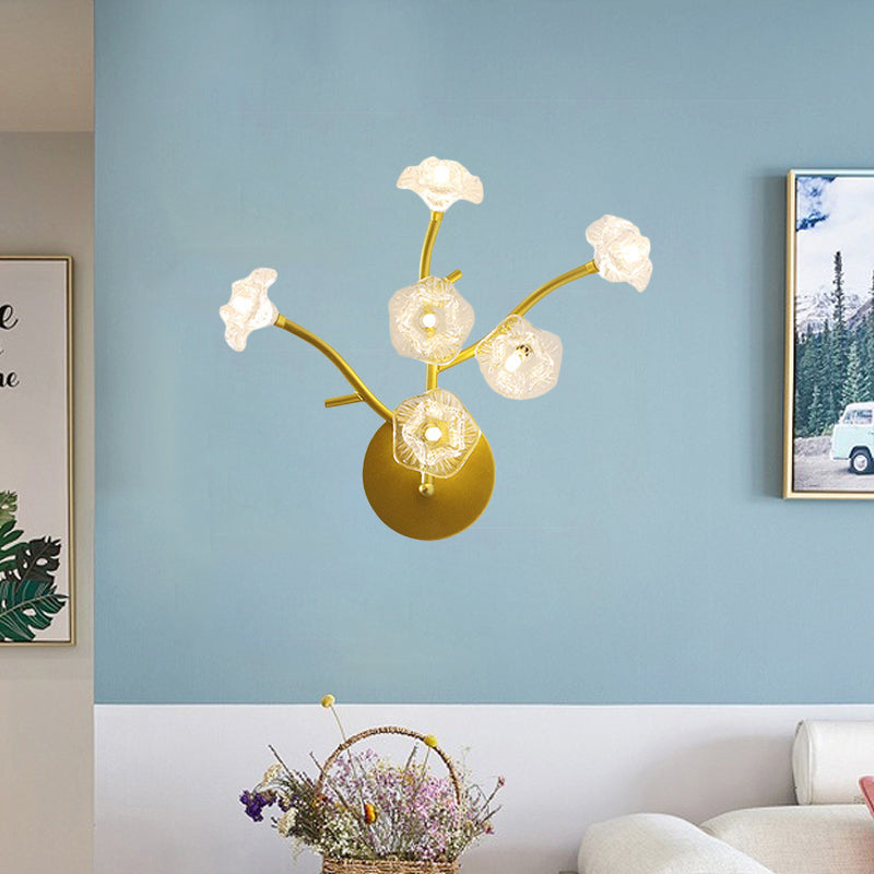 Floral Bedside Sconce Light Fixture Transparent Glass 6 Bulbs Modern Wall Mount Lamp in Gold Clearhalo 'Cast Iron' 'Glass' 'Industrial' 'Modern wall lights' 'Modern' 'Tiffany' 'Traditional wall lights' 'Wall Lamps & Sconces' 'Wall Lights' Lighting' 1789632